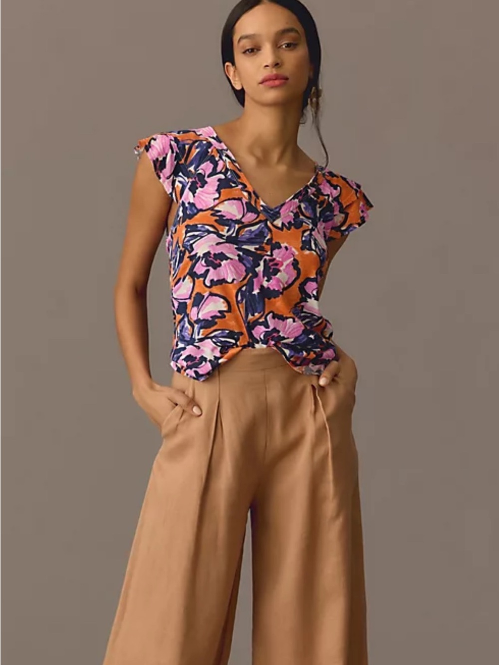 Maeve by Anthropologie Carie Tee Floral V-Neck Top Orange w/ Pink & Navy Blooms - Picture 12 of 12